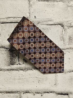 Dion Signature Silk Tie Brown Blue Geometric Medallion Pattern